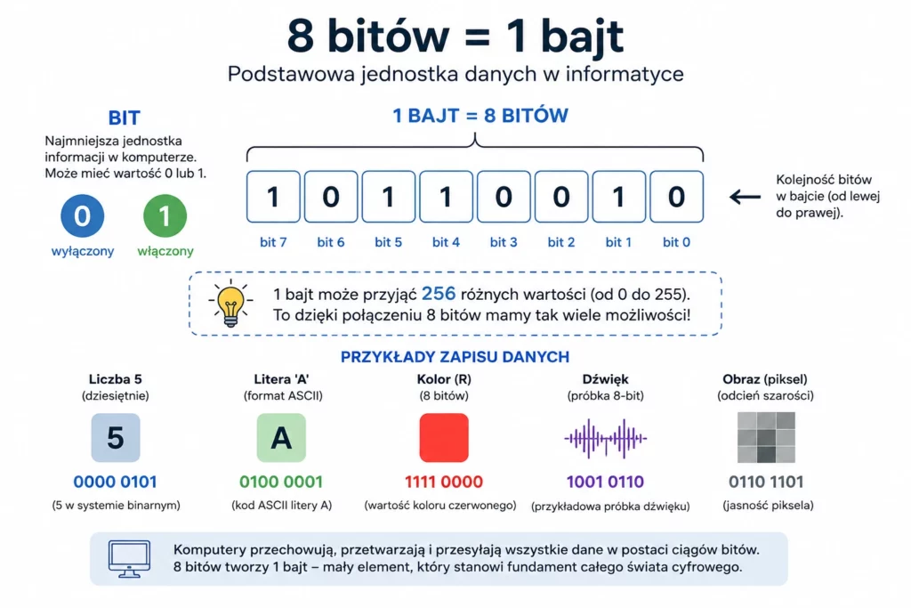 Schemat przedstawiający zależność 8 bitów = 1 bajt. Grafika wyjaśnia, czym jest bit, pokazuje osiem bitów zapisanych jako ciąg 10110010 oraz informuje, że jeden bajt może przyjąć 256 różnych wartości od 0 do 255. Na dole przedstawiono przykłady zapisu liczby, litery, koloru, dźwięku i obrazu w postaci danych binarnych.