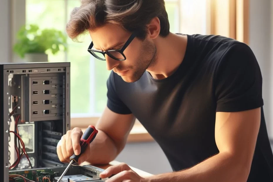 Mężczyzna naprawia laptopa - EIGHTBIT Usługi informatyczne