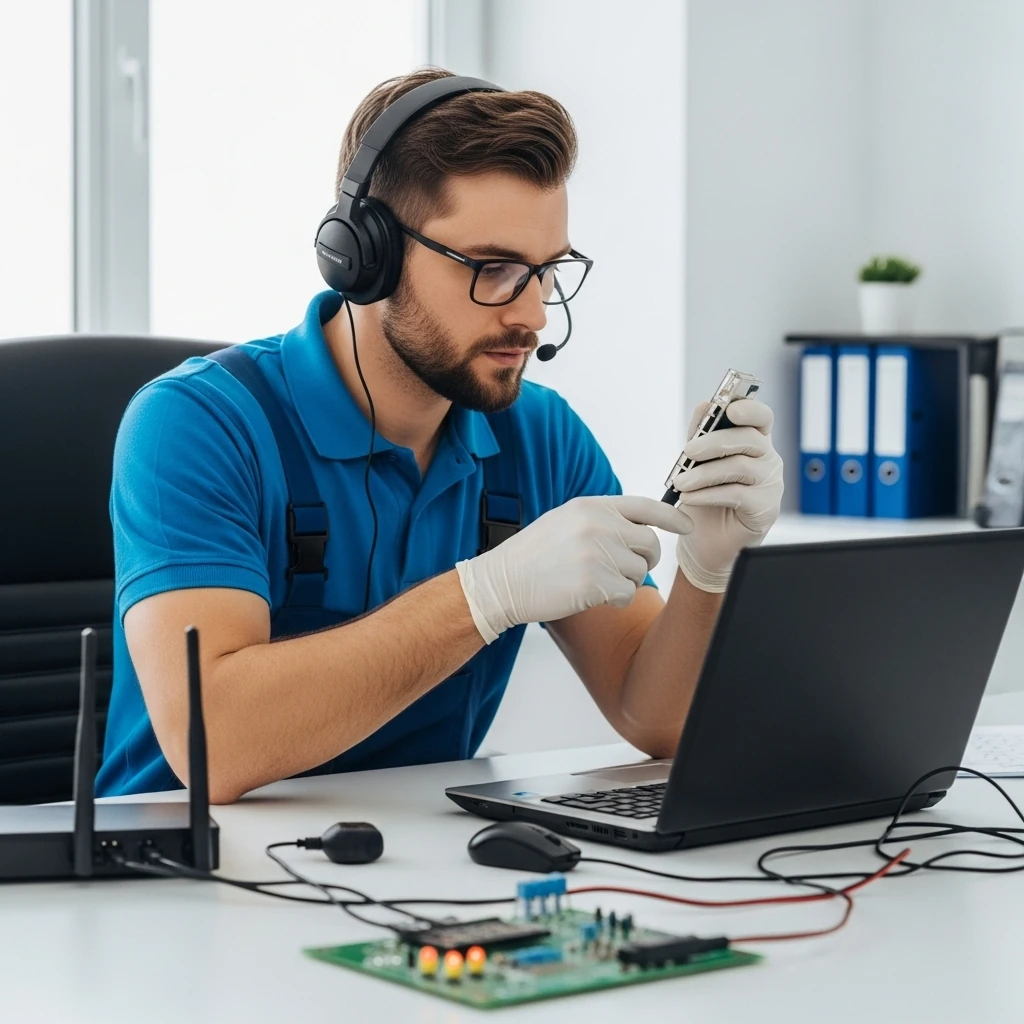 Profesjonalny technik wsparcia IT pracuje w biurze, na stole znajdują się kable, sprzęt komputerowy, router i otwarty laptop. Organizuje przewody, trzyma narzędzie diagnostyczne